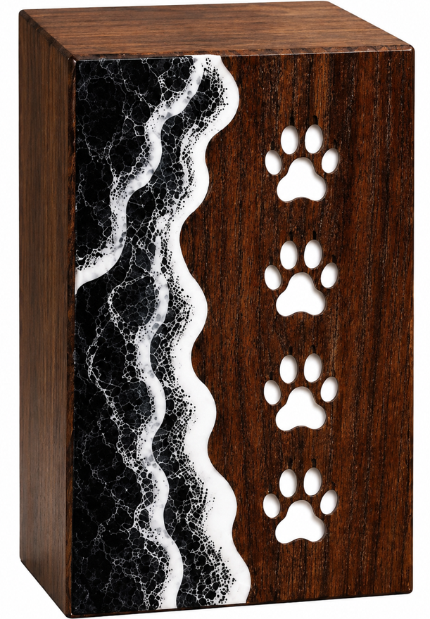 Wooden Cremation Urn with Black-White Resin Inlay with paw