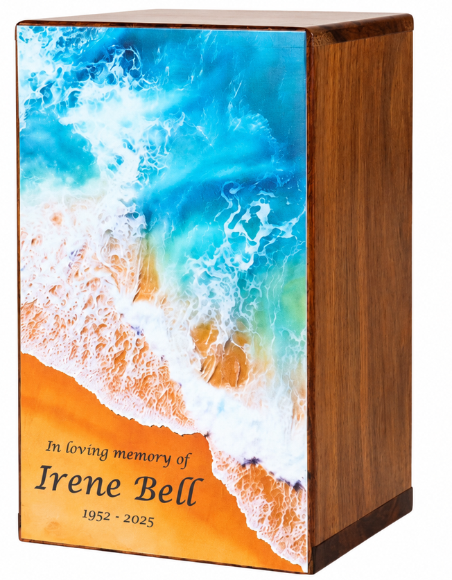 Personalized Ocean Wave - Wooden Cremation Urn with Custom Beach