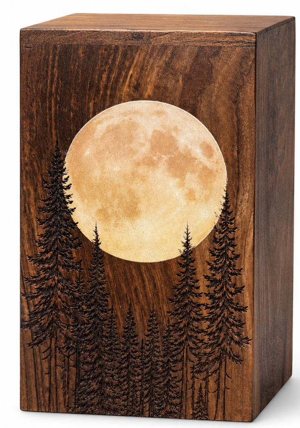 Full Moon & Pine Forest – Engraved Wooden Cremation Urn