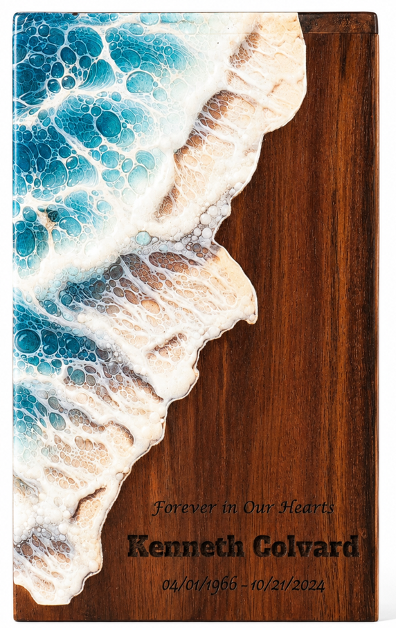 Personalized Ocean Wave Engraved Urn with Resin-Art Style Sea Design