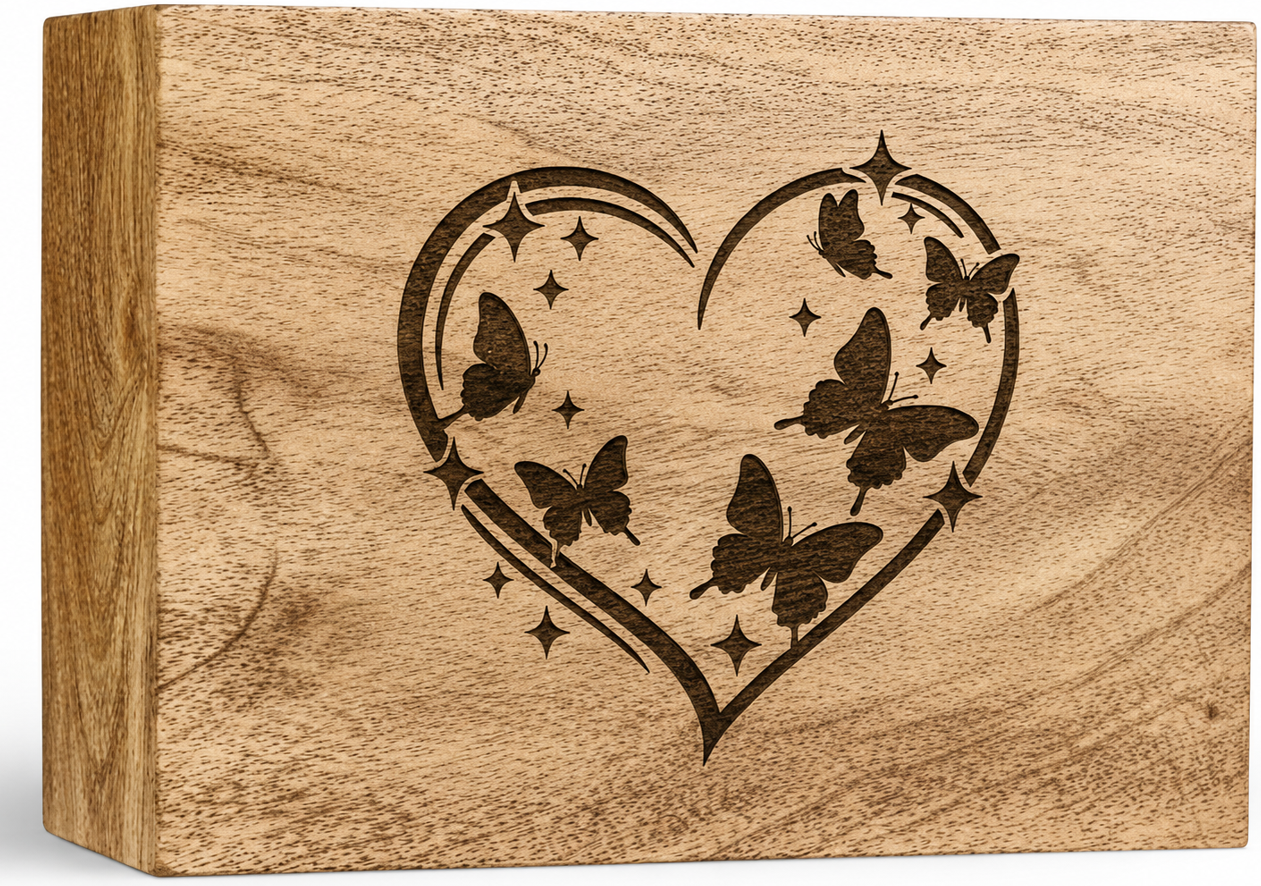 Butterflies & Stars Heart Engraved Wooden Cremation Urn