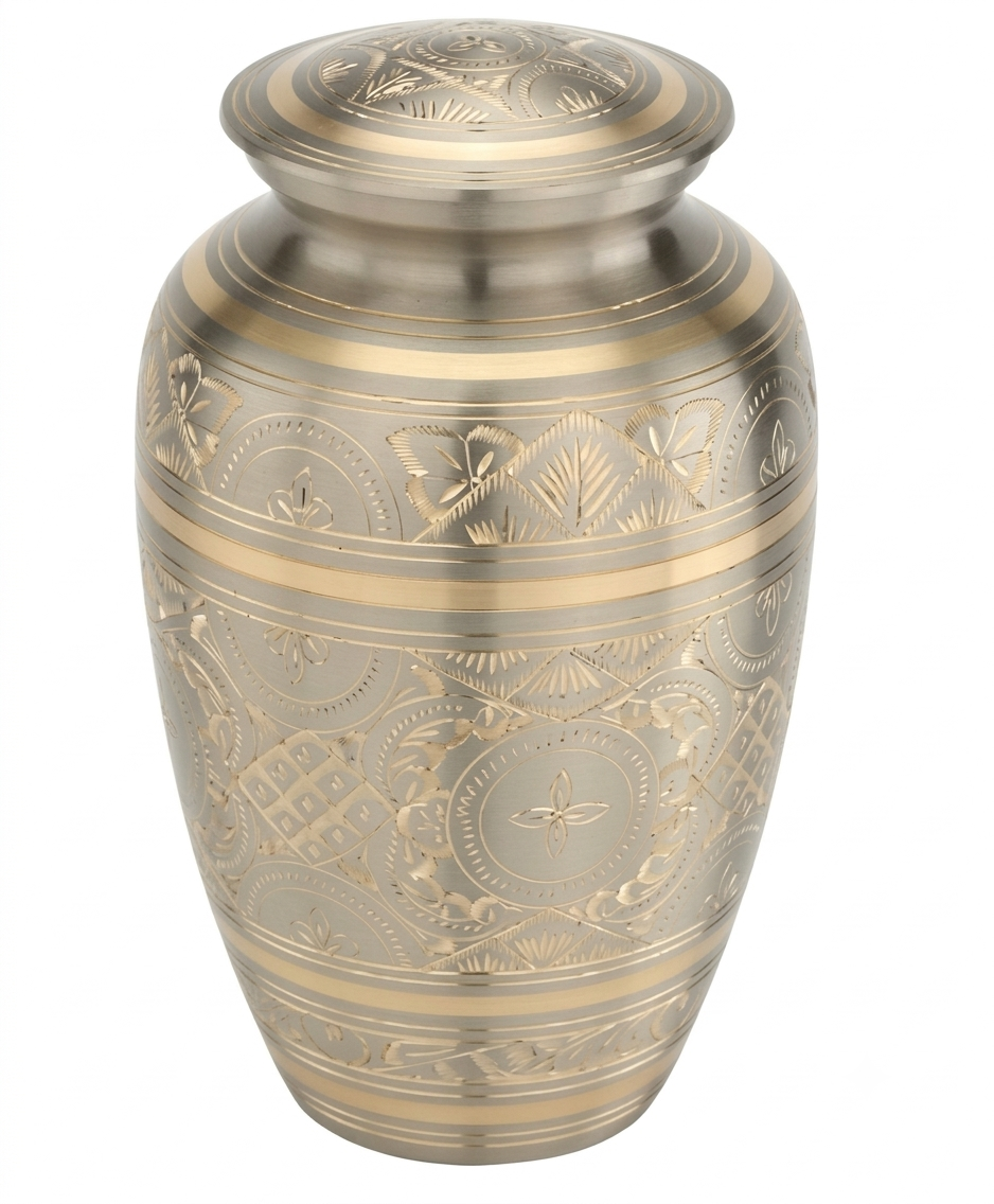 Silver & Gold Hand-Engraved Look Cremation Urn with Ornate Pattern