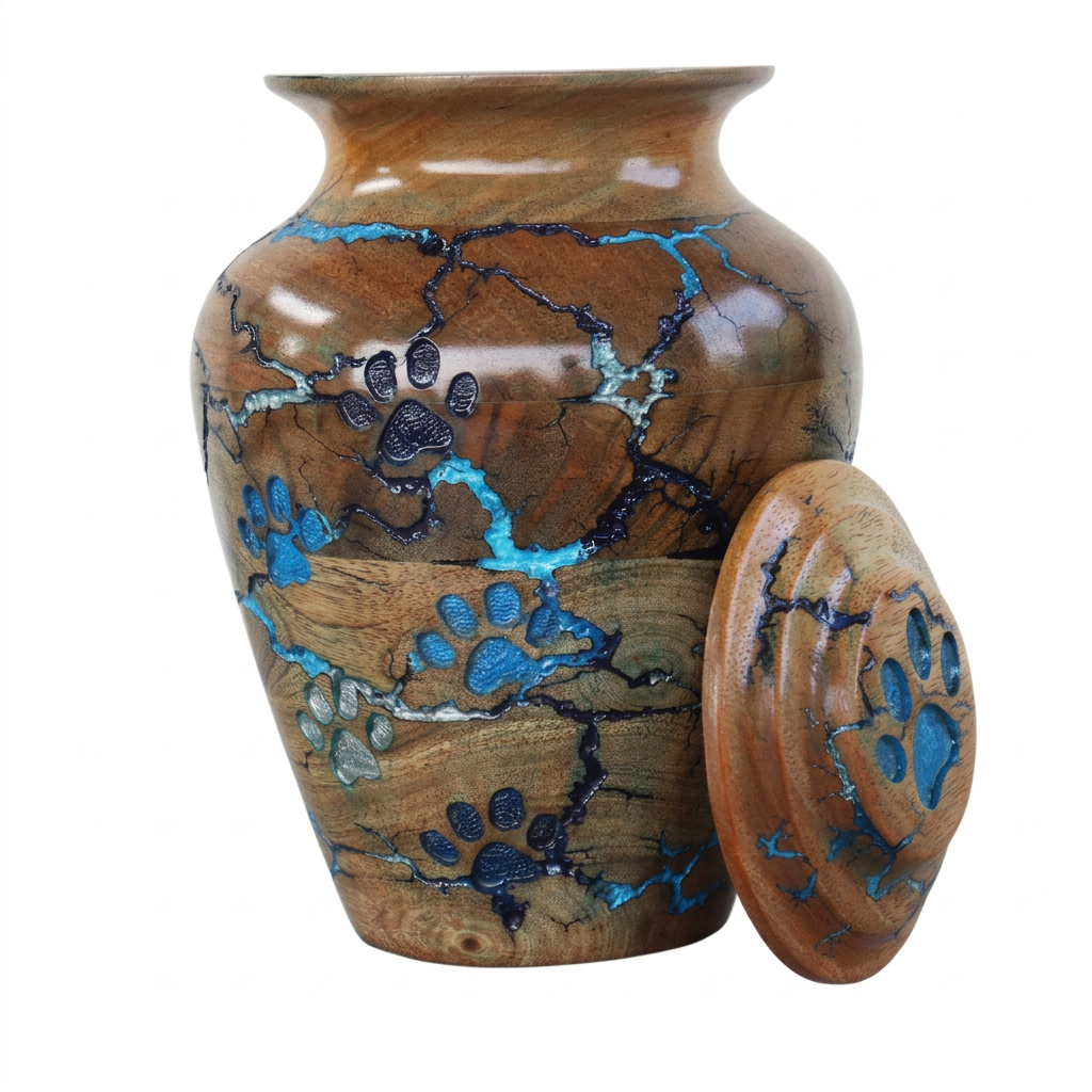 Wooden Pet Memorial Urn with Blue Paw Print Design